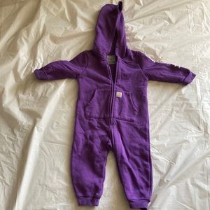 GIRLS' CARHARTT LONG-SLEEVE PURPLE FLEECE ZIP-FRONT HOODED COVERALL Size 9 Mos